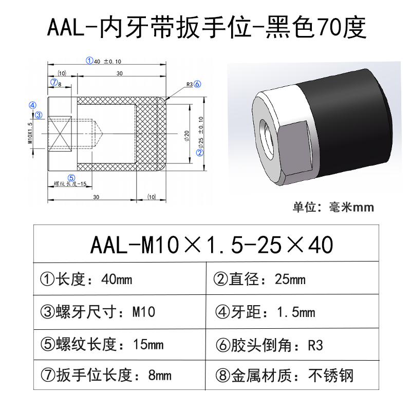 AAL-M10×1.5-25×40 聚氨酯平头压块-内螺纹型-黑色70度
