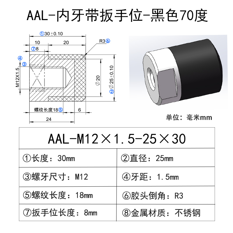 AAL-M12×1.5-25×30 聚氨酯平头压块-内螺纹型-黑色70度