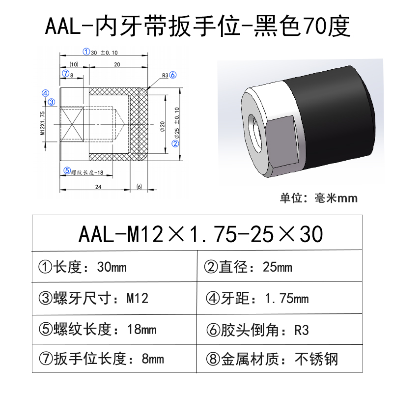 AAL-M12×1.75-25×30 聚氨酯平头压块-内螺纹型-黑色70度