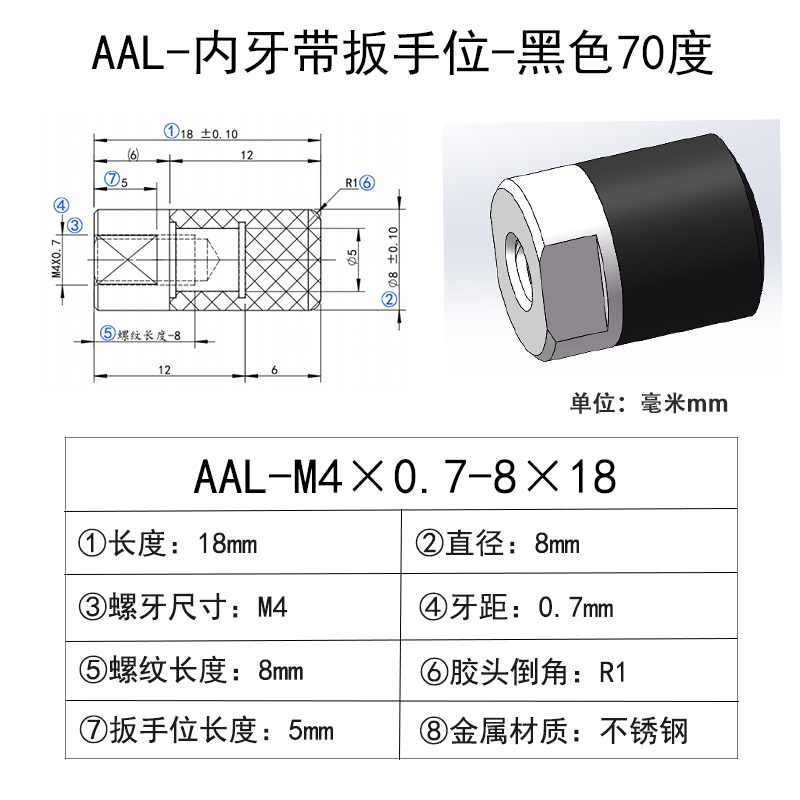 AAL-M4×0.7-8×18 聚氨酯平头压块-内螺纹型-黑色70度