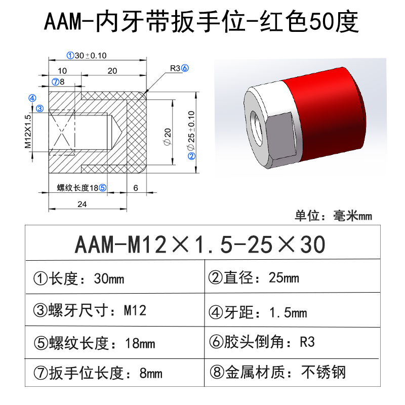 AAM-M12×1.5-25×30 聚氨酯平头压块-内螺纹型-红色50度