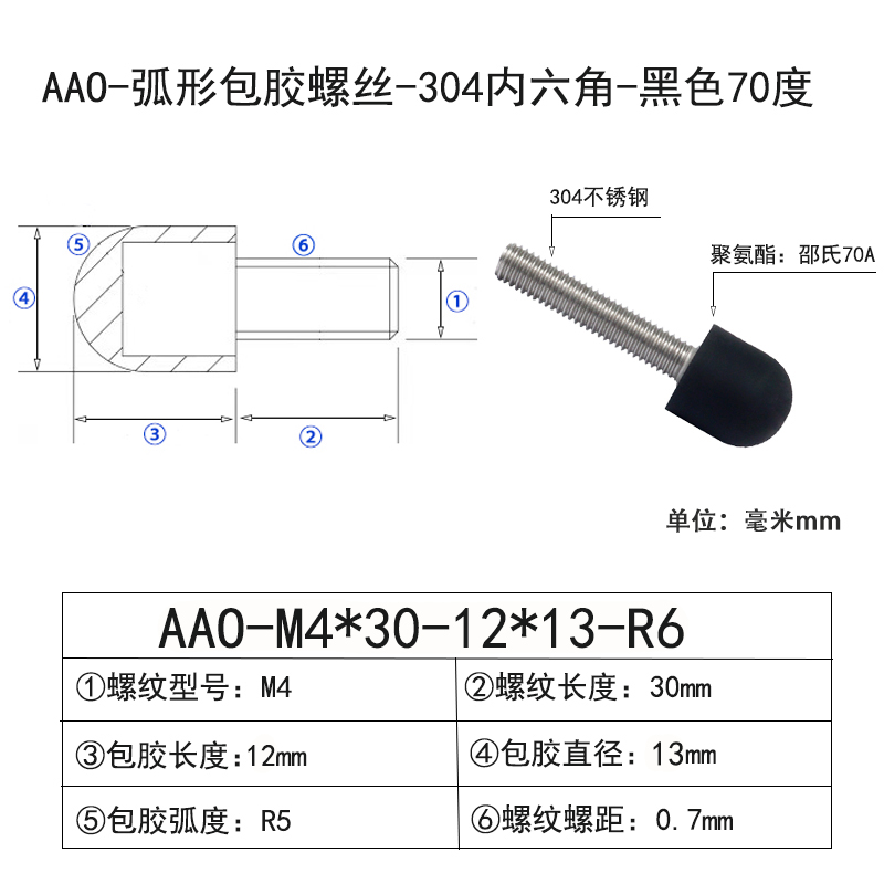 AAO-M4×30-12×D13×R6 弧形包胶螺丝-304内六角-黑色70度