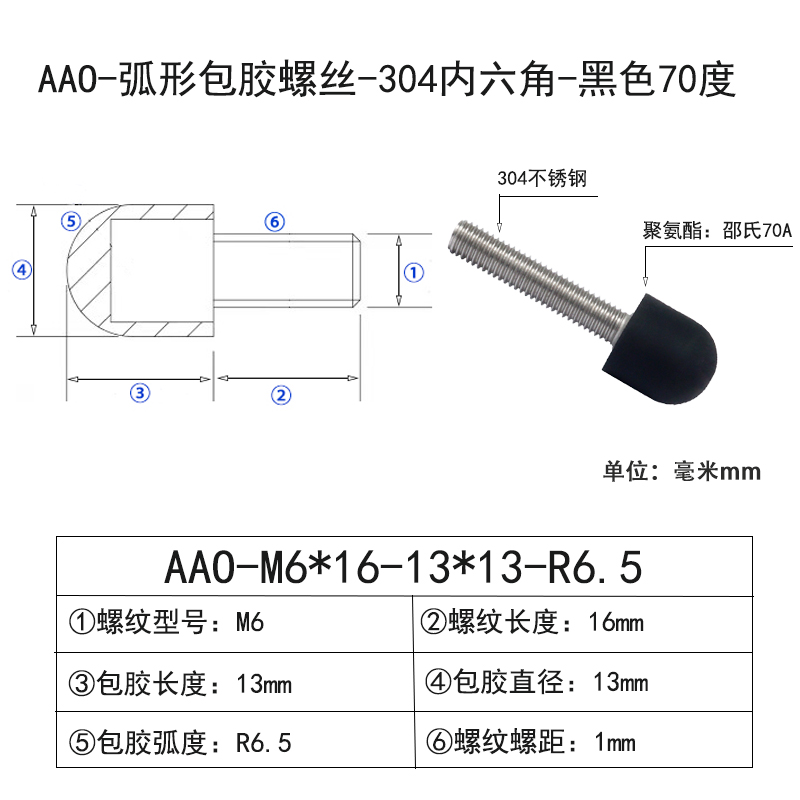 AAO-M6×16-13×D13×R6.5 弧形包胶螺丝-304内六角-黑色70度