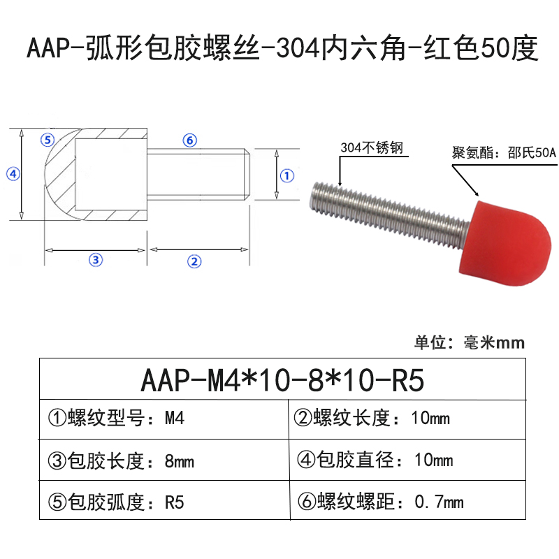 AAP-M4×10-8×D10×R5 弧形包胶螺丝-304内六角-红色50度