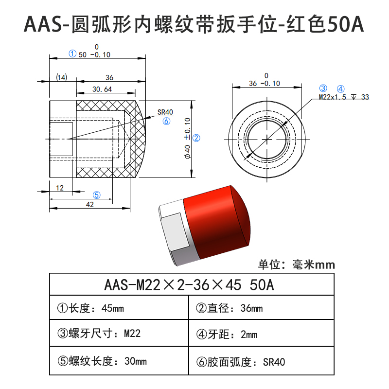 AAS-M22×2-36×45-50A 圆弧形包胶螺丝-内螺纹带扳手位