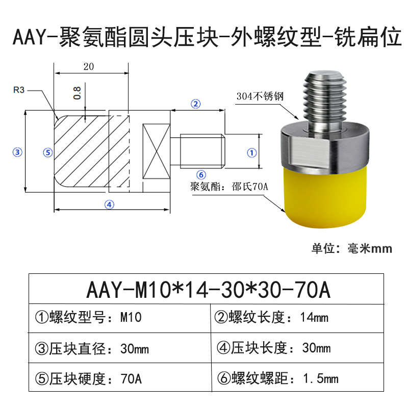 AAY-M10×14-30×30-70A-1.5 包胶螺丝圆头外牙带扳手位-304不锈钢-黄色70度