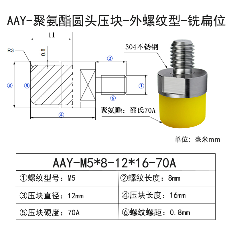 AAY-M5×8-12×16-70A-0.8 包胶螺丝圆头外牙带扳手位-304不锈钢-黄色70度