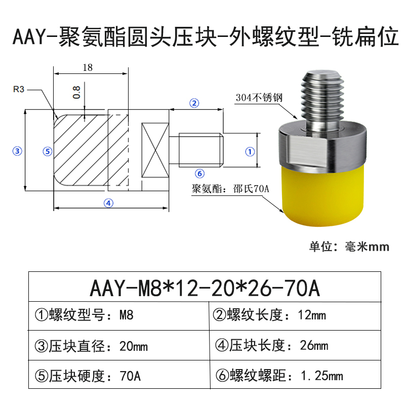 AAY-M8×12-20×26-70A-1.25 包胶螺丝圆头外牙带扳手位-304不锈钢-黄色70度